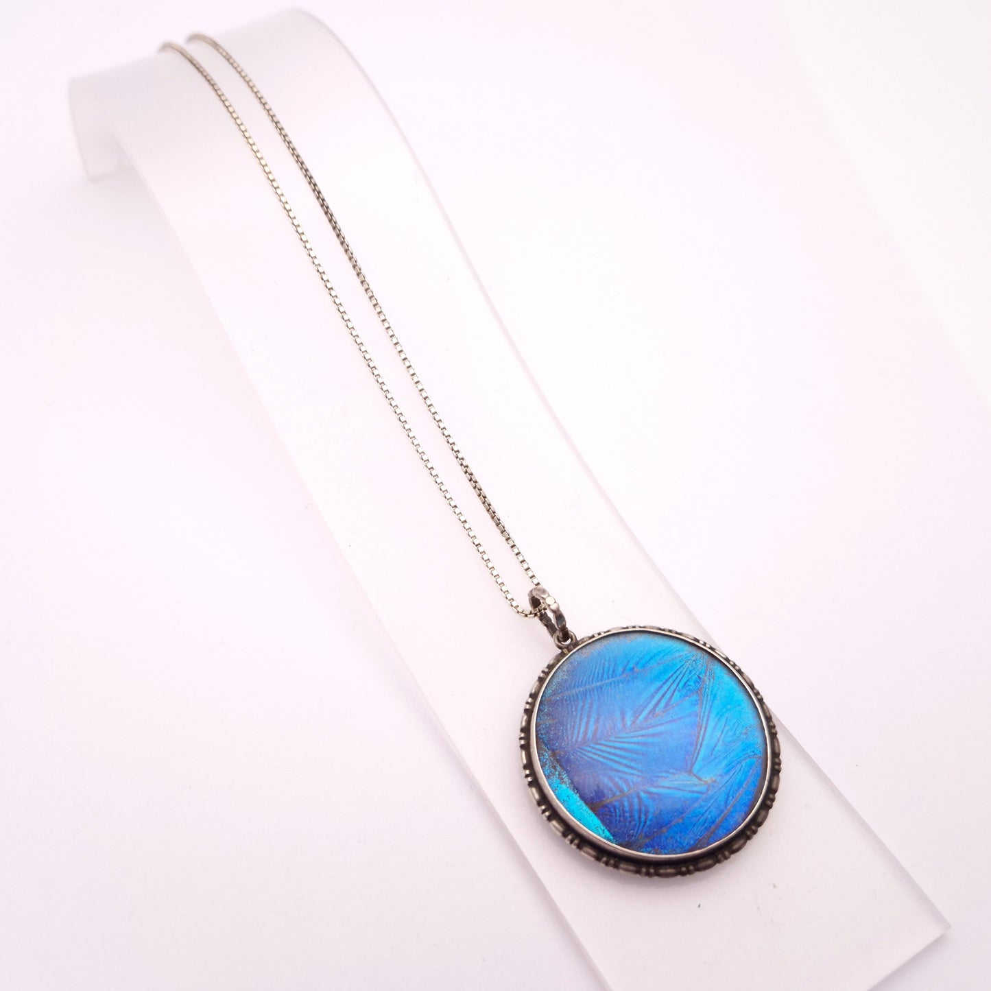 Sterling Silver Vintage Blue Morpho Butterfly Wing Pendant and Chain Necklace