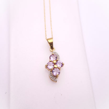 9ct Yellow Gold Amethyst 4 Stone Pendant and Chain Necklace