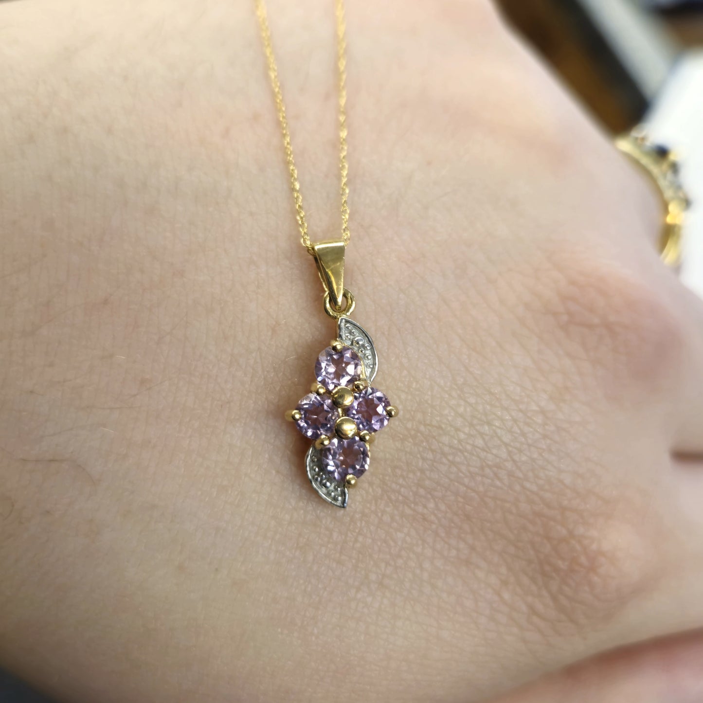 9ct Yellow Gold Amethyst 4 Stone Pendant and Chain Necklace