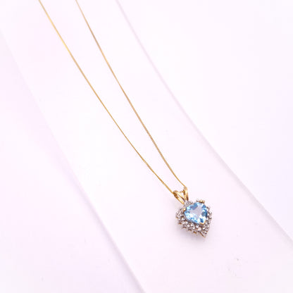 9ct Yellow Gold Blue Topaz and diamond Heart Shaped Cluster Pendant and Chain necklace