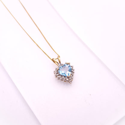 9ct Yellow Gold Blue Topaz and diamond Heart Shaped Cluster Pendant and Chain necklace