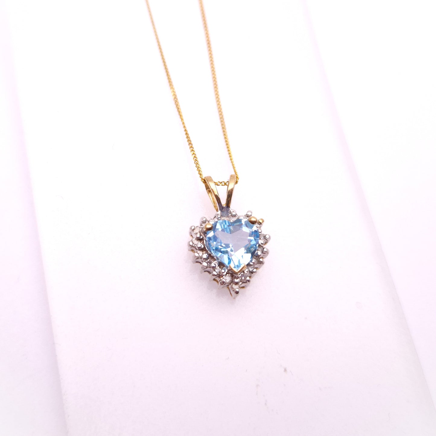 9ct Yellow Gold Blue Topaz and diamond Heart Shaped Cluster Pendant and Chain necklace