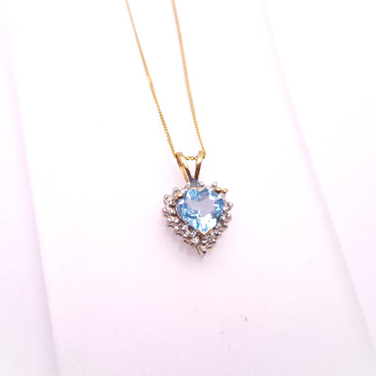 9ct Yellow Gold Blue Topaz and diamond Heart Shaped Cluster Pendant and Chain necklace