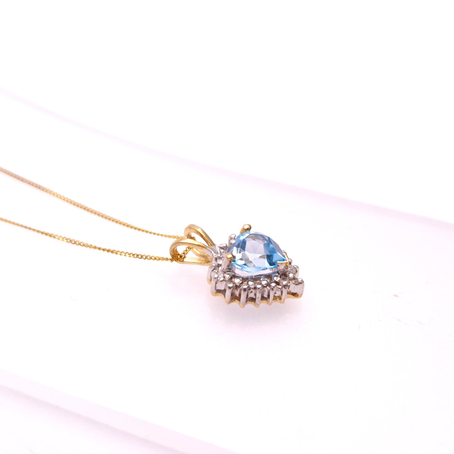 9ct Yellow Gold Blue Topaz and diamond Heart Shaped Cluster Pendant and Chain necklace