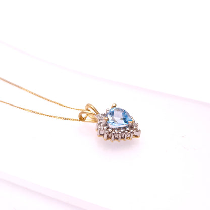9ct Yellow Gold Blue Topaz and diamond Heart Shaped Cluster Pendant and Chain necklace