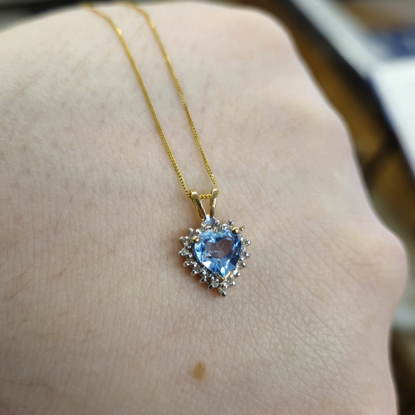 9ct Yellow Gold Blue Topaz and diamond Heart Shaped Cluster Pendant and Chain necklace
