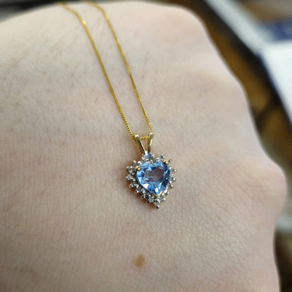 9ct Yellow Gold Blue Topaz and diamond Heart Shaped Cluster Pendant and Chain necklace