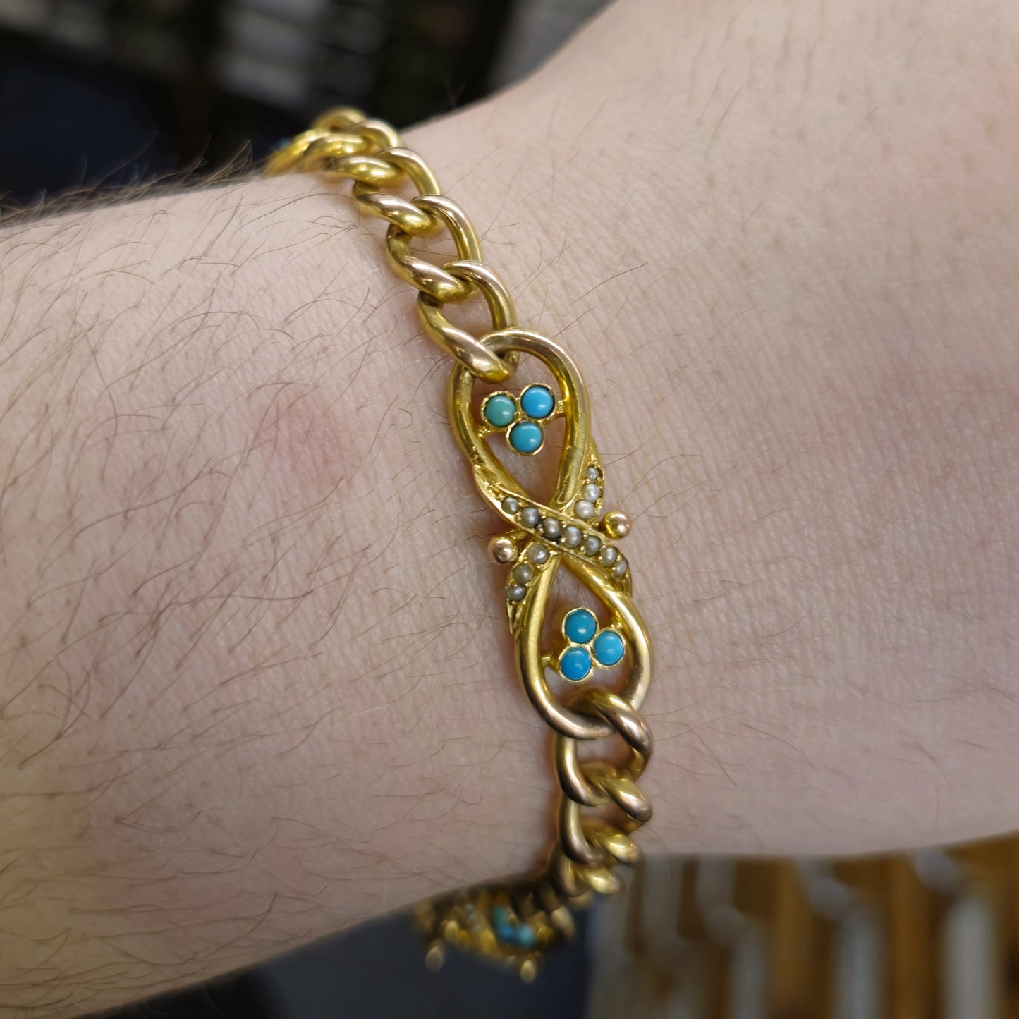 9ct Yellow Gold Antique Turquoise and Seed Pearl Bracelet