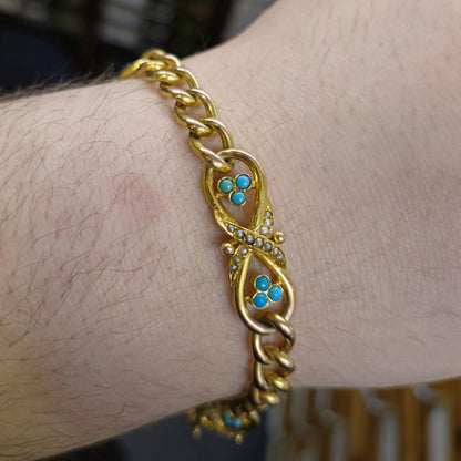 9ct Yellow Gold Antique Turquoise and Seed Pearl Bracelet