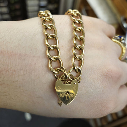 9ct Yellow Gold Traditional Heart Padlock Clasp Charm Bracelet