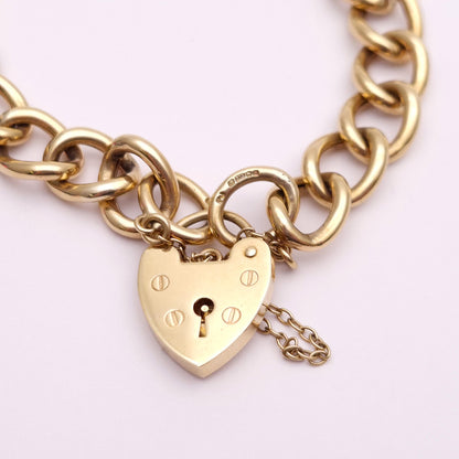 9ct Yellow Gold Traditional Heart Padlock Clasp Charm Bracelet