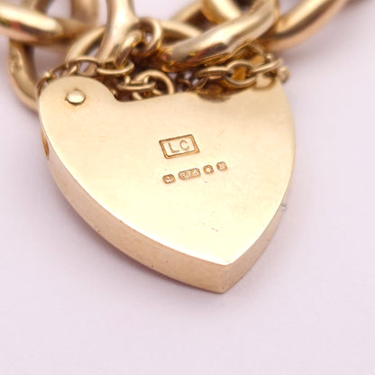 9ct Yellow Gold Traditional Heart Padlock Clasp Charm Bracelet