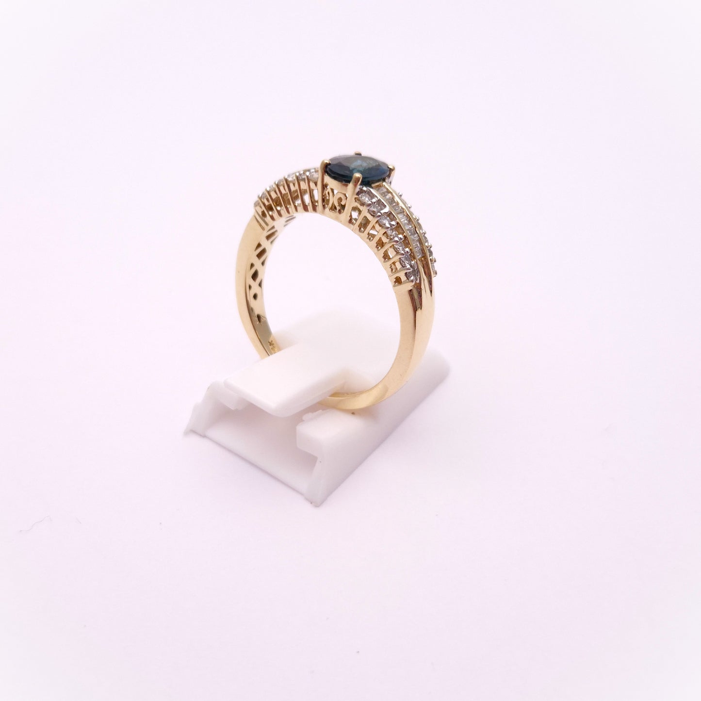 14ct Yellow Gold Blue Tourmaline and Diamond 1/2 Eternity Style Ring