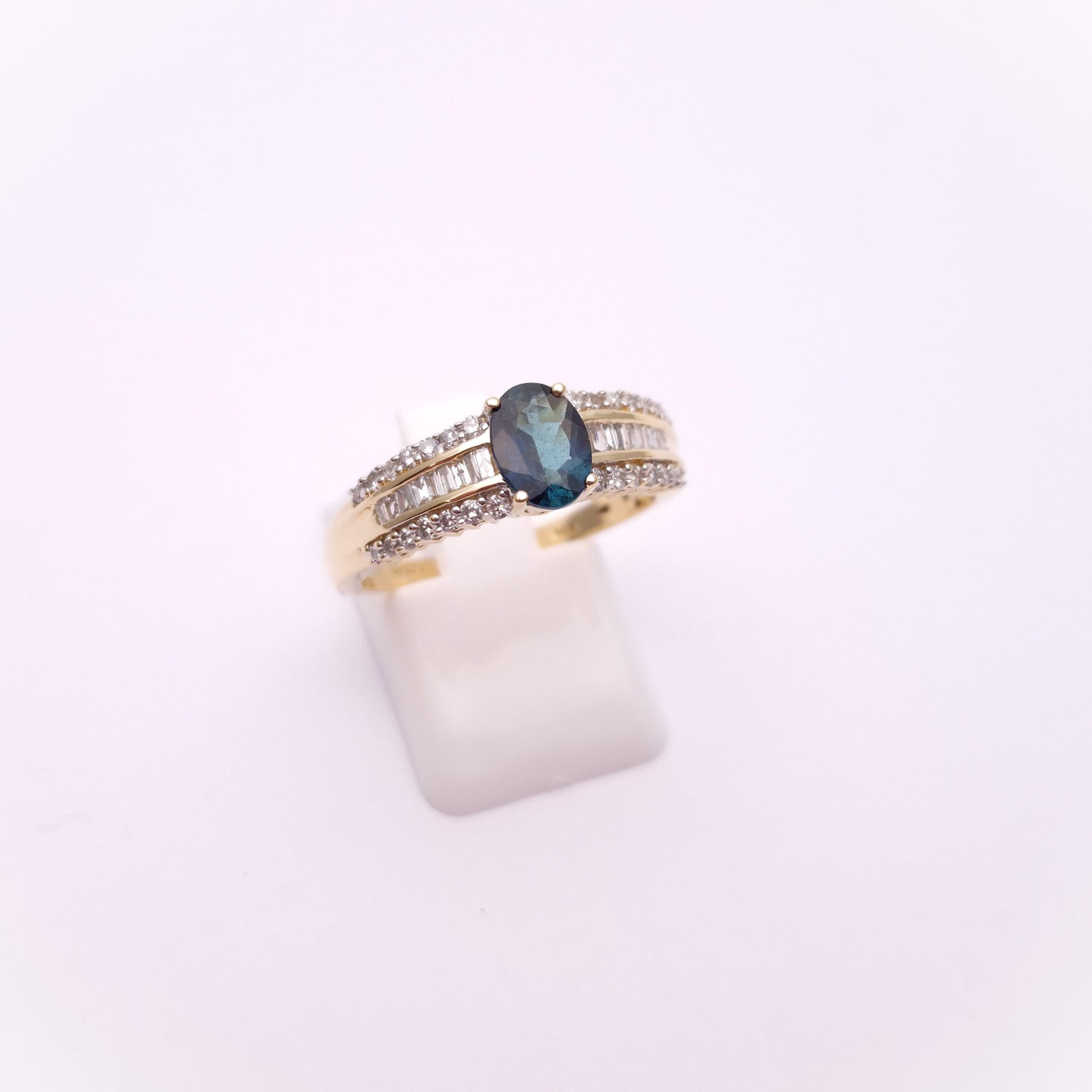14ct Yellow Gold Blue Tourmaline and Diamond 1/2 Eternity Style Ring