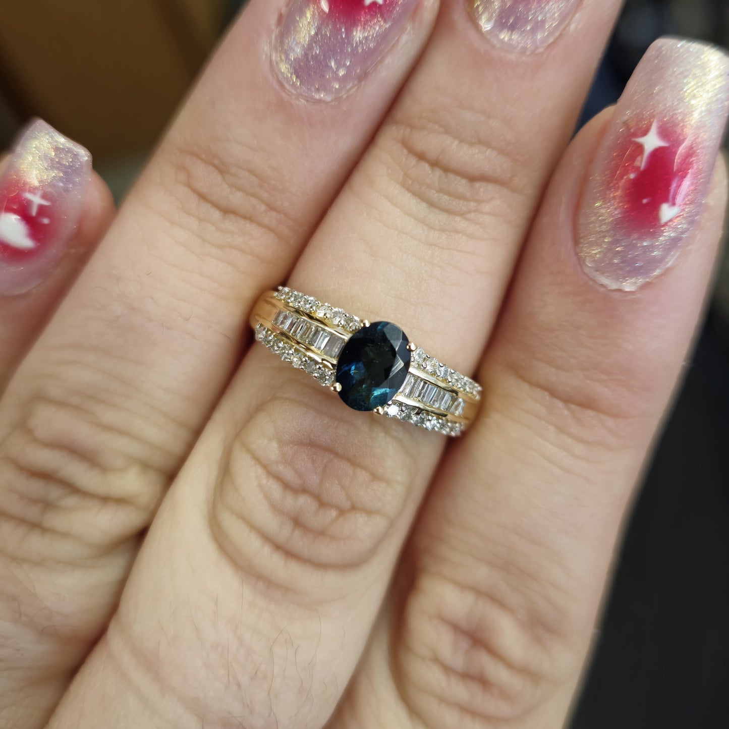 14ct Yellow Gold Blue Tourmaline and Diamond 1/2 Eternity Style Ring