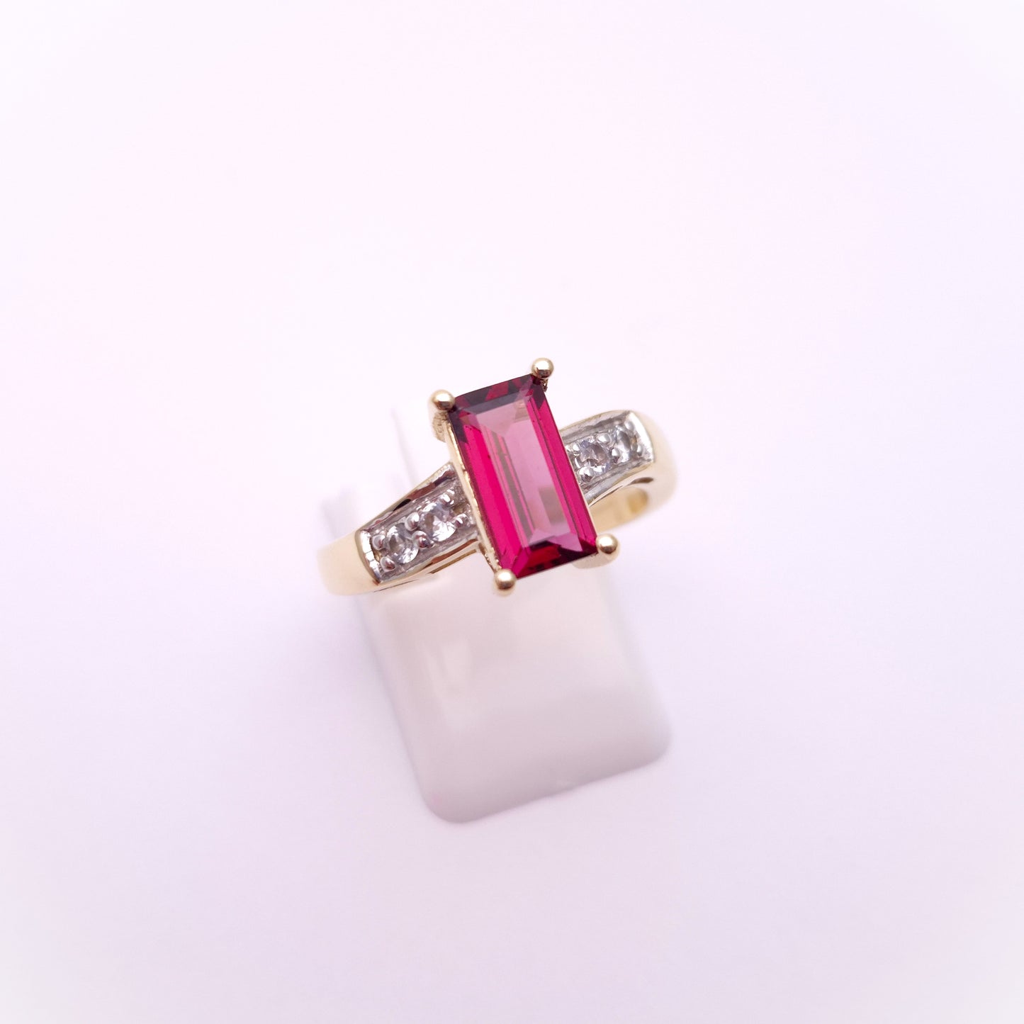 9ct Yellow Gold Pink Tourmaline and White Stone Ring