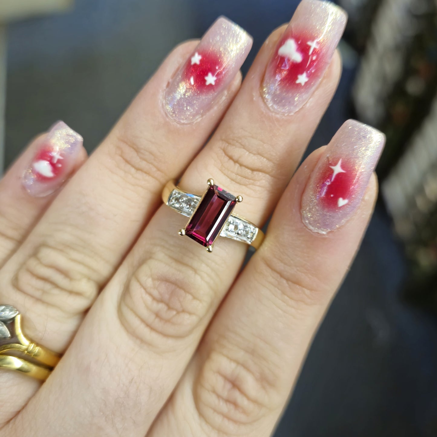9ct Yellow Gold Pink Tourmaline and White Stone Ring