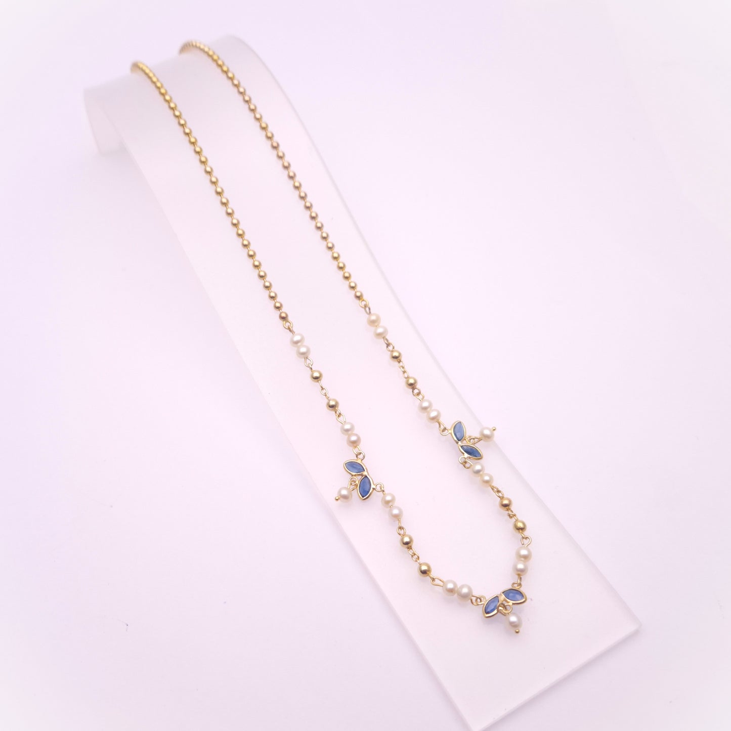 9ct Yellow Gold Beaded Chain Sapphire and Pearl Delicate Necklace