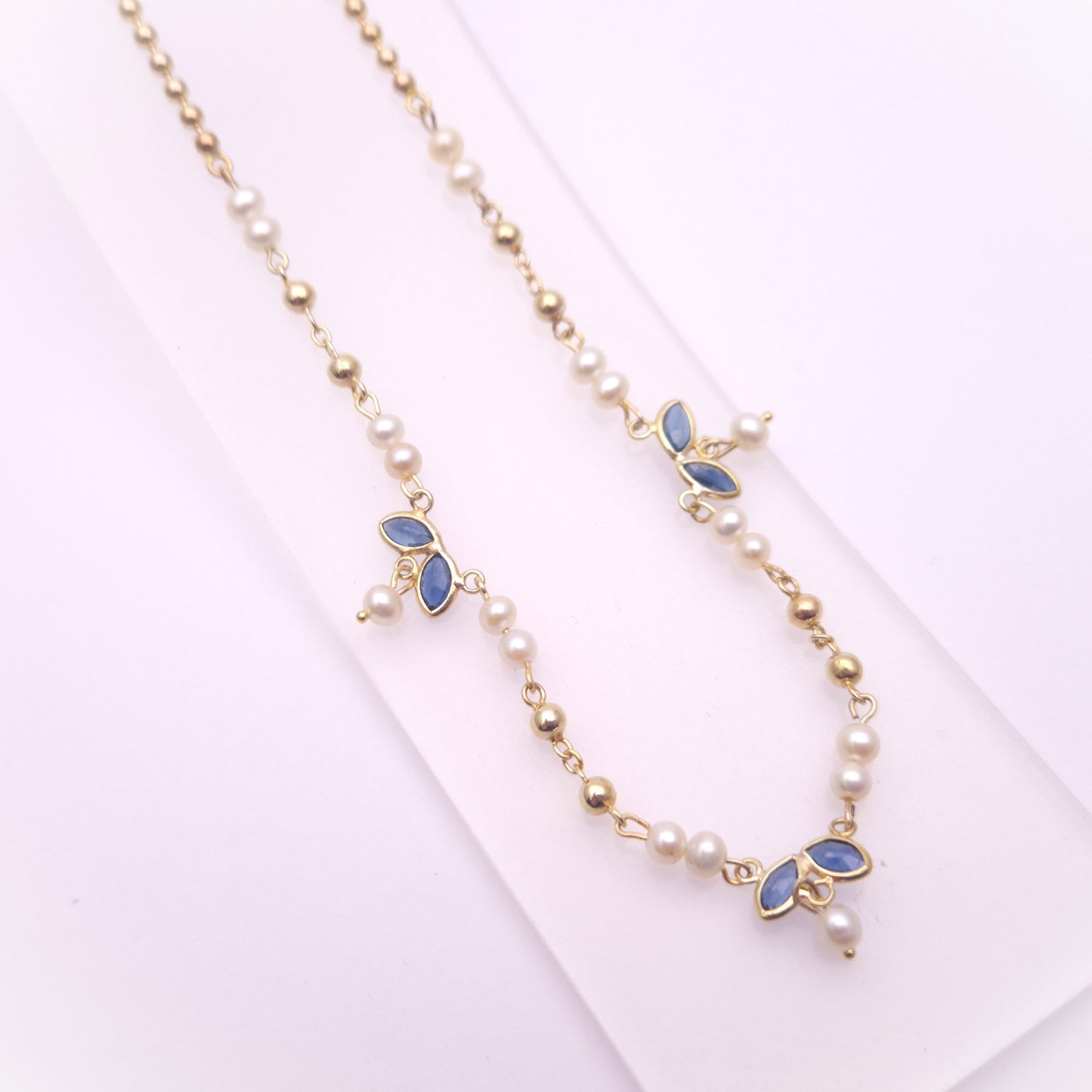 9ct Yellow Gold Beaded Chain Sapphire and Pearl Delicate Necklace