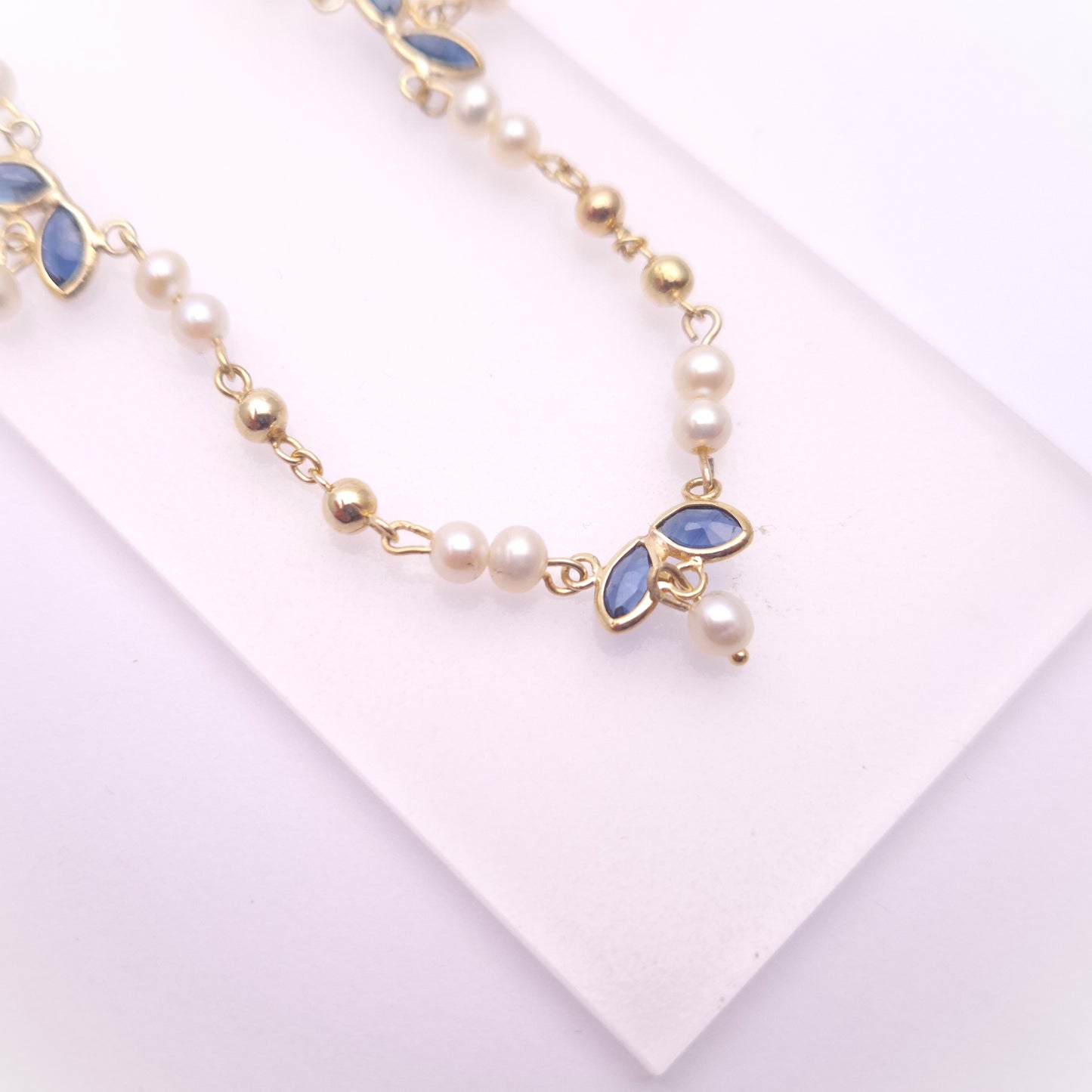 9ct Yellow Gold Beaded Chain Sapphire and Pearl Delicate Necklace