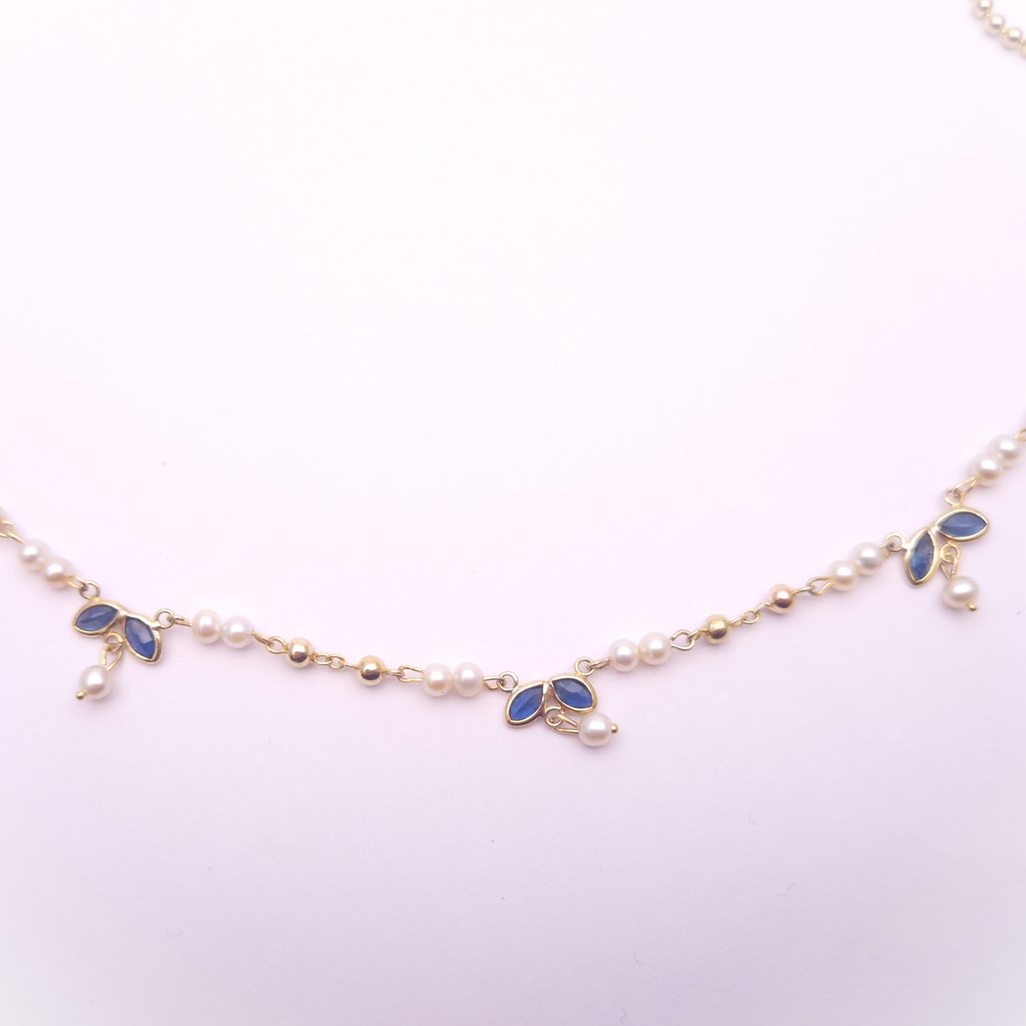 9ct Yellow Gold Beaded Chain Sapphire and Pearl Delicate Necklace