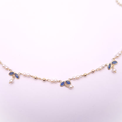 9ct Yellow Gold Beaded Chain Sapphire and Pearl Delicate Necklace