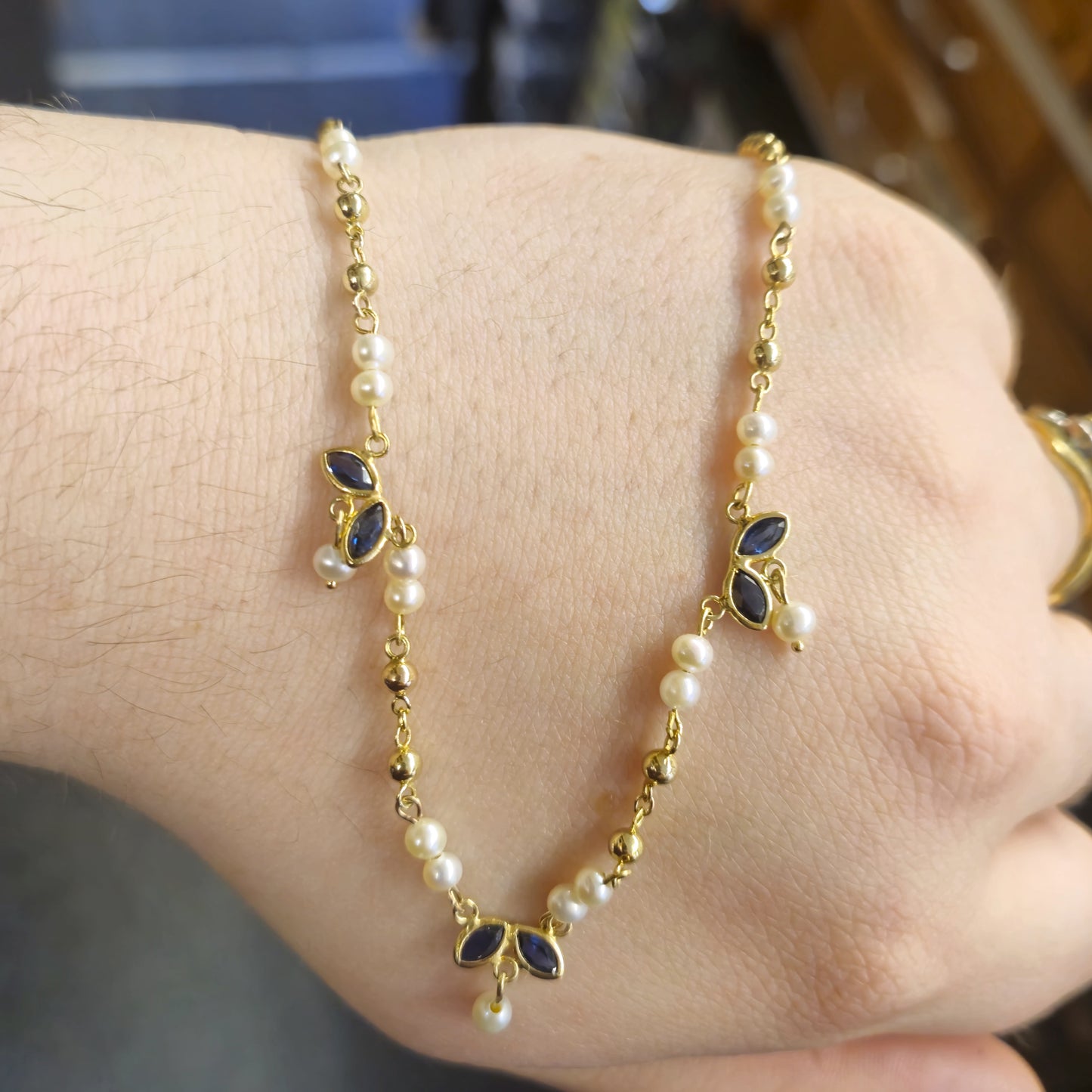 9ct Yellow Gold Beaded Chain Sapphire and Pearl Delicate Necklace
