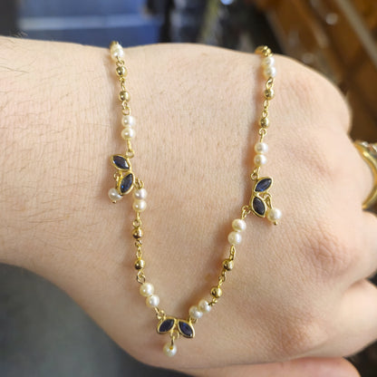 9ct Yellow Gold Beaded Chain Sapphire and Pearl Delicate Necklace