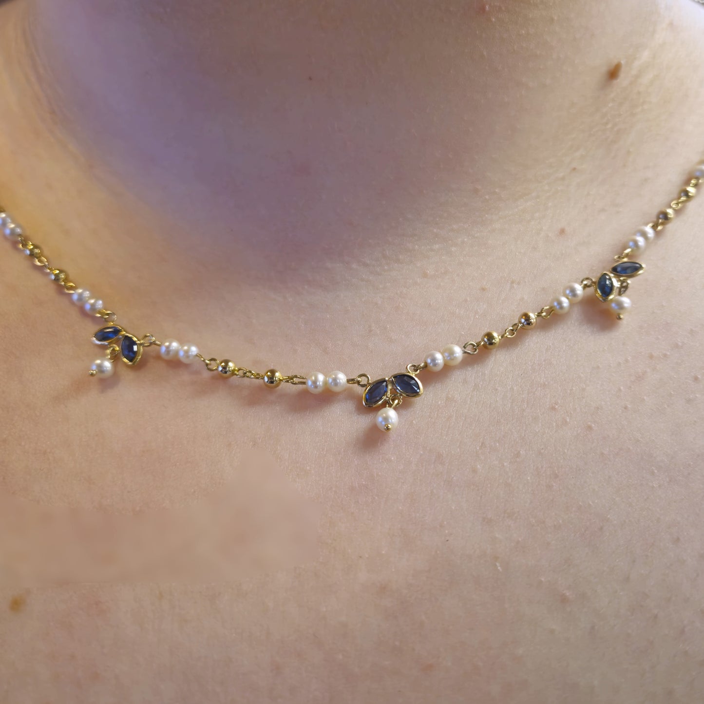 9ct Yellow Gold Beaded Chain Sapphire and Pearl Delicate Necklace