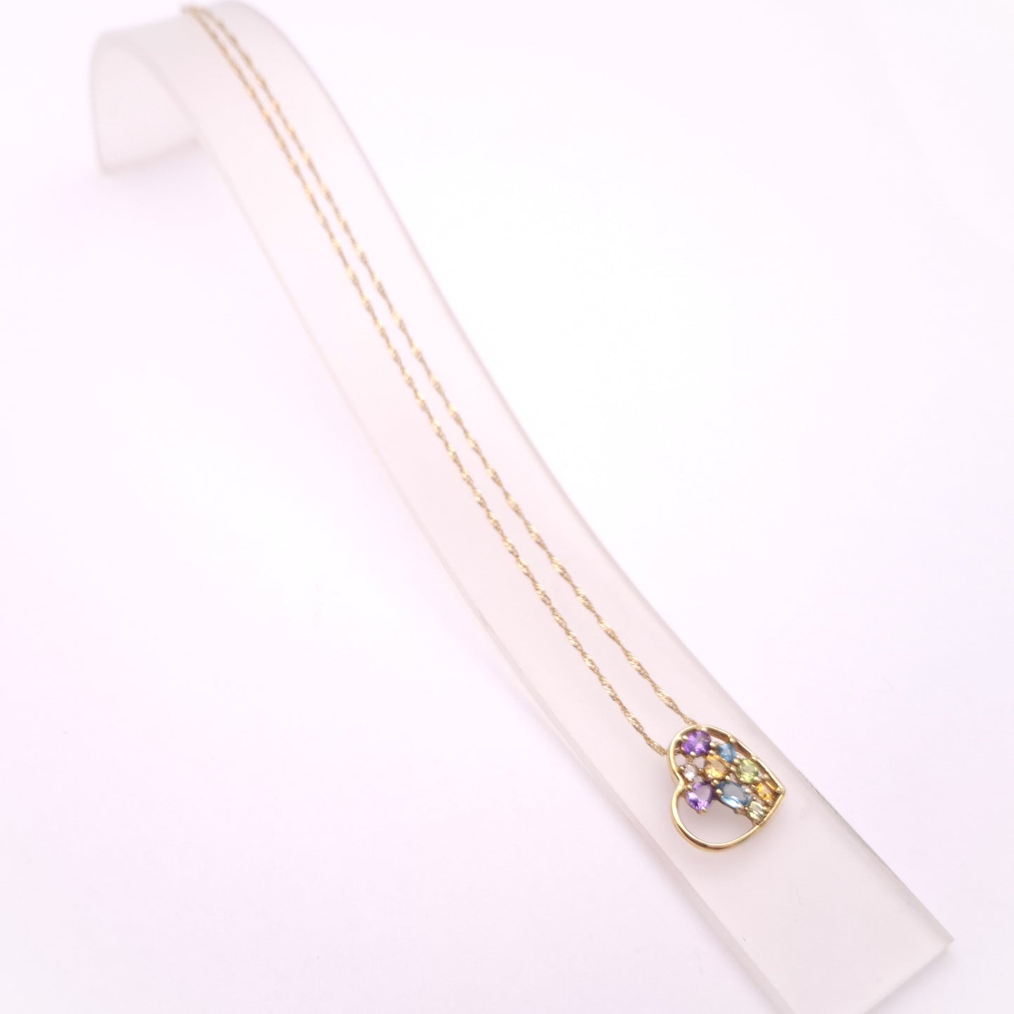 9ct Yellow gold Multicoloured Stone Set Open Heart Pendant and Chain Necklace