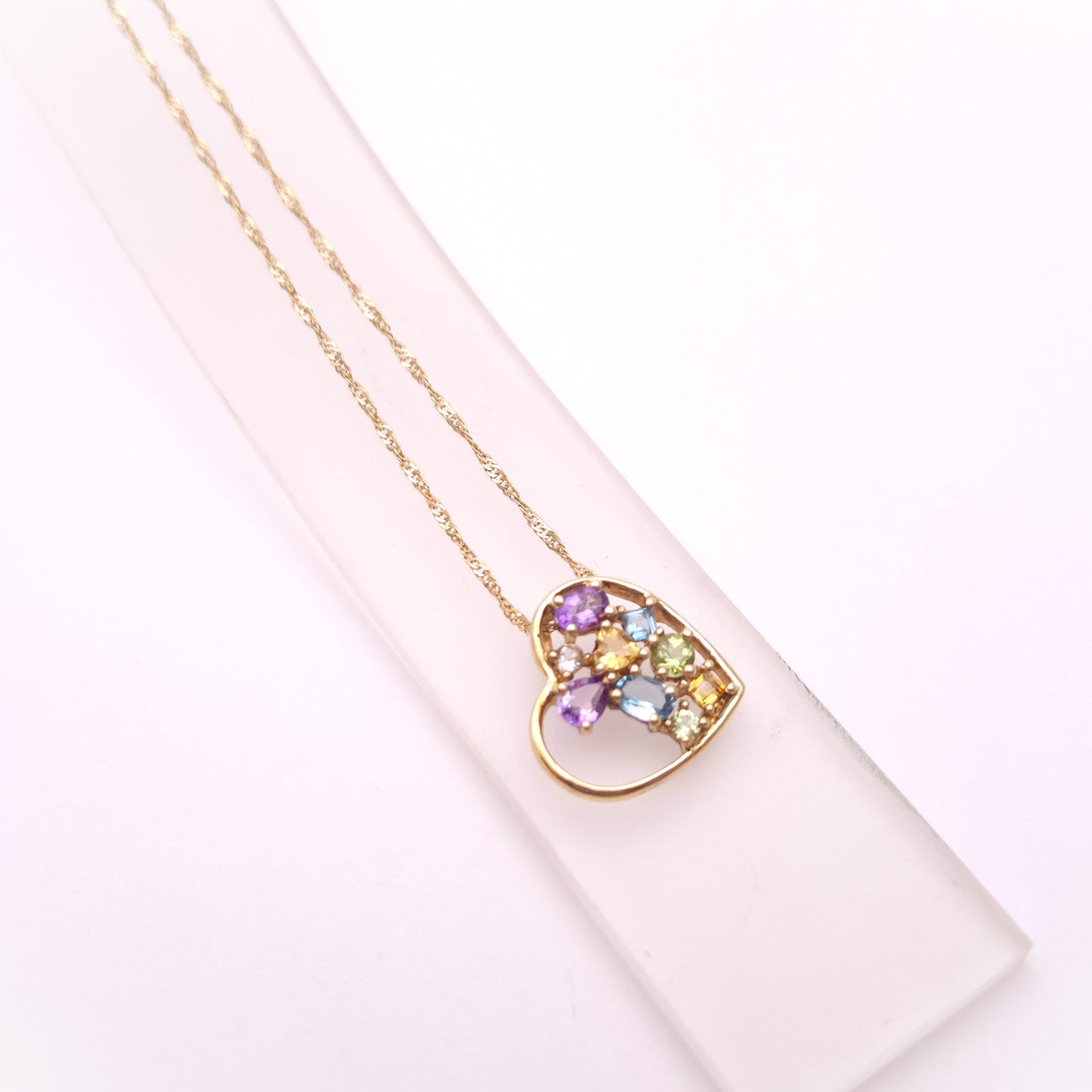 9ct Yellow gold Multicoloured Stone Set Open Heart Pendant and Chain Necklace