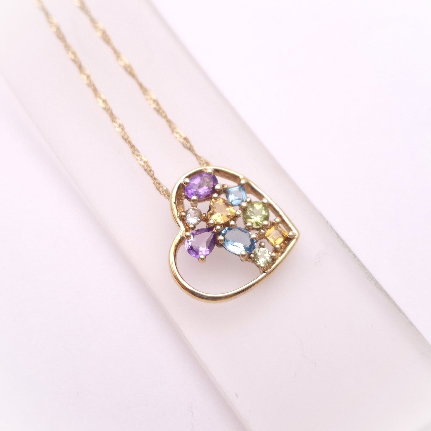 9ct Yellow gold Multicoloured Stone Set Open Heart Pendant and Chain Necklace
