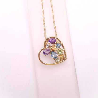 9ct Yellow gold Multicoloured Stone Set Open Heart Pendant and Chain Necklace