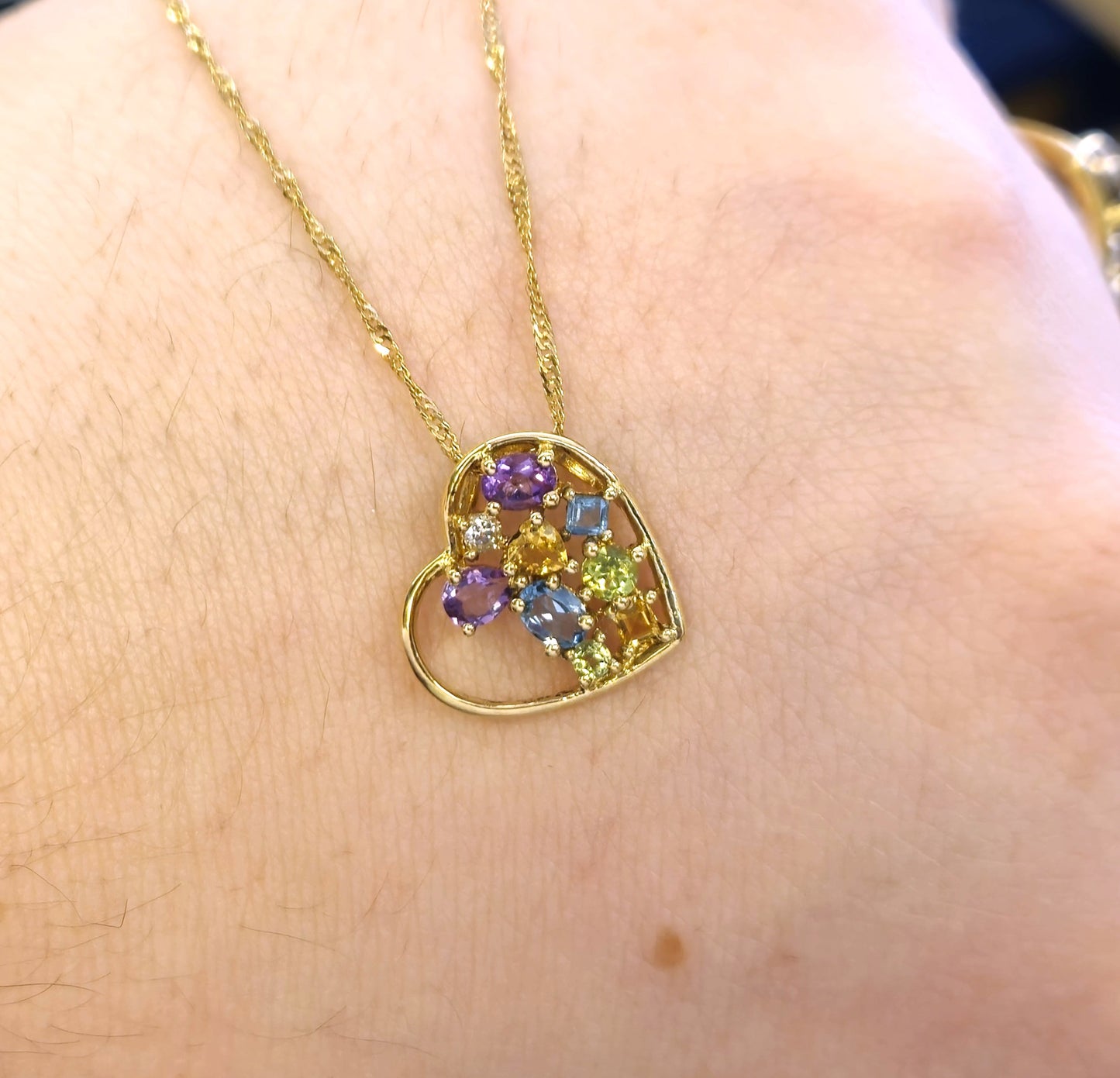 9ct Yellow gold Multicoloured Stone Set Open Heart Pendant and Chain Necklace