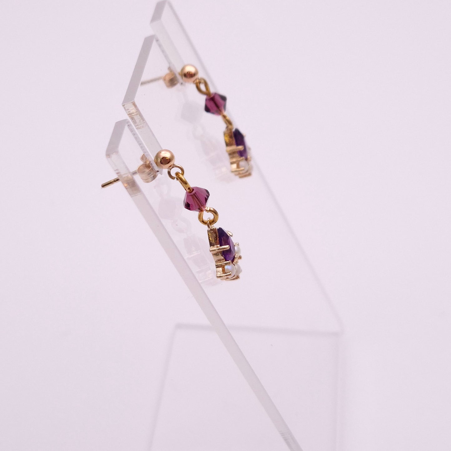 9ct Yellow gold Amethyst and Pearl Drop Earrings