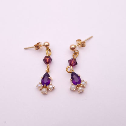 9ct Yellow gold Amethyst and Pearl Drop Earrings