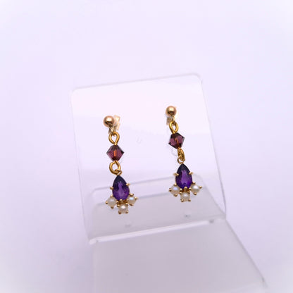 9ct Yellow gold Amethyst and Pearl Drop Earrings