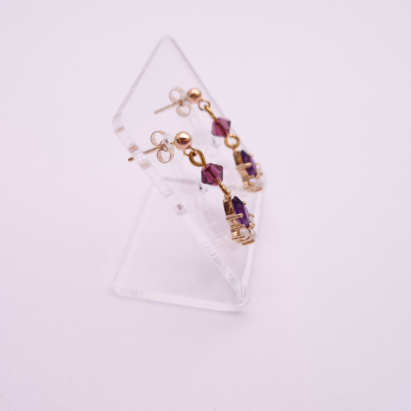 9ct Yellow gold Amethyst and Pearl Drop Earrings
