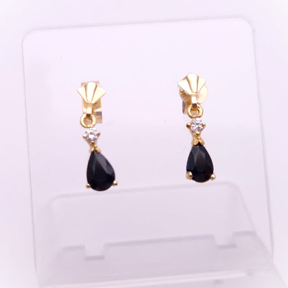 9ct Yellow gold Dark Sapphire and CZ Drop Earrings