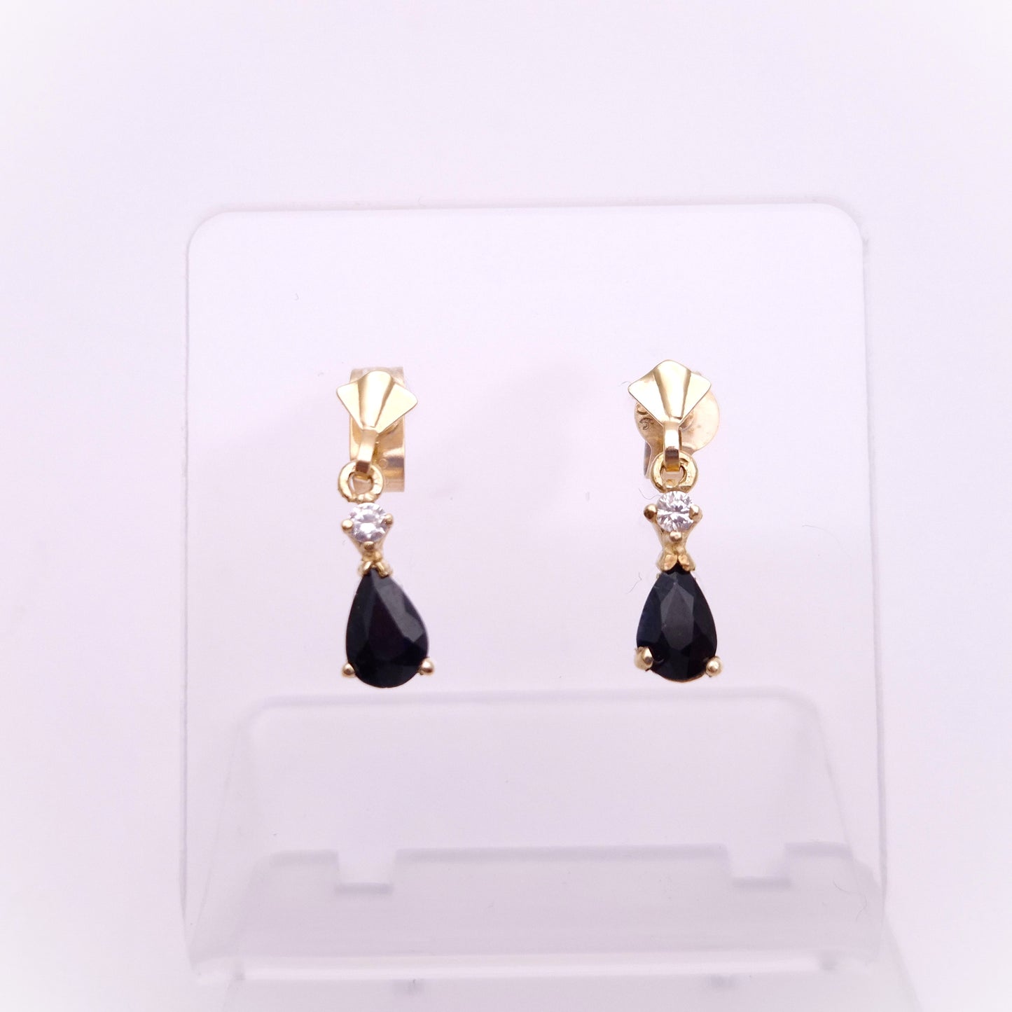 9ct Yellow gold Dark Sapphire and CZ Drop Earrings