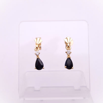 9ct Yellow gold Dark Sapphire and CZ Drop Earrings