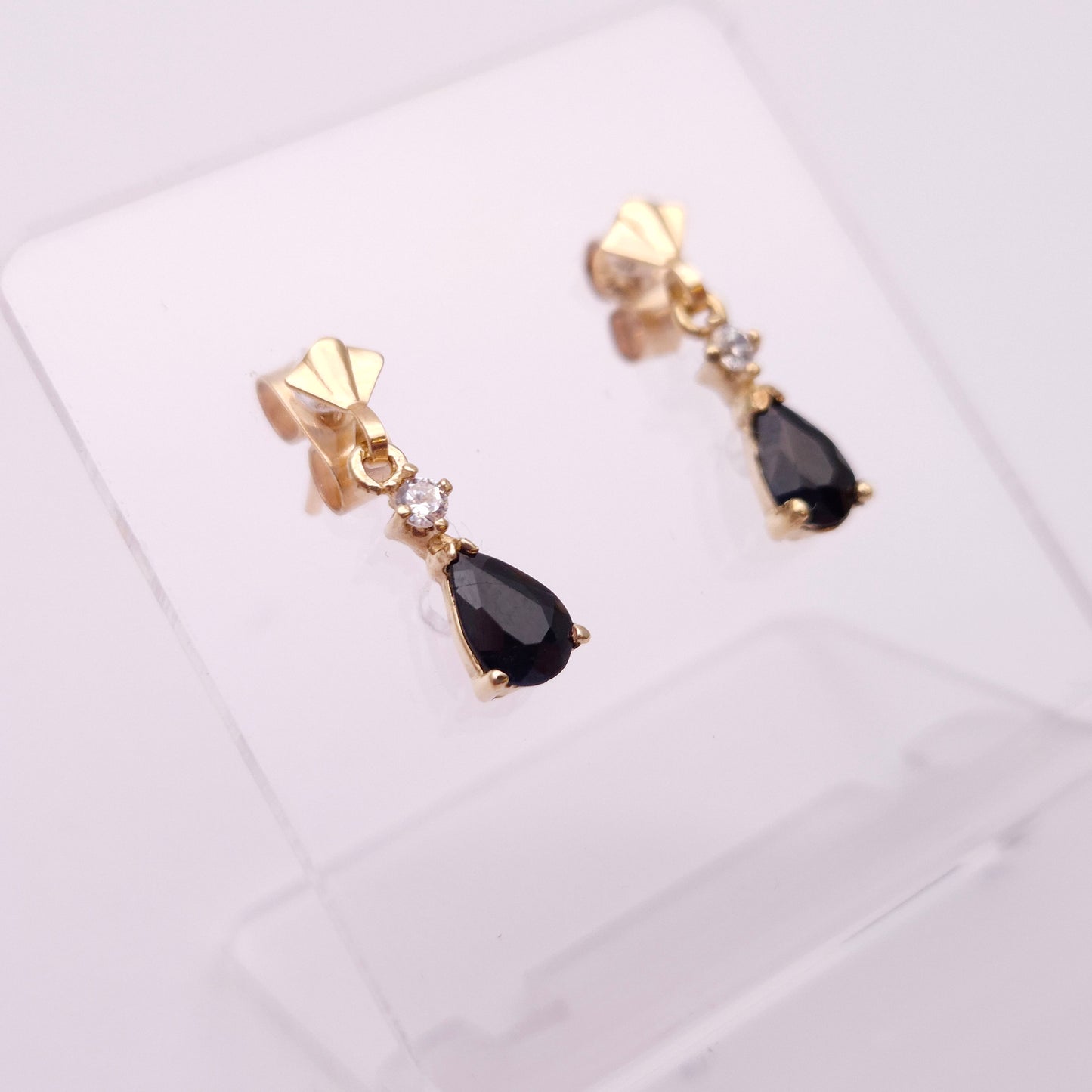 9ct Yellow gold Dark Sapphire and CZ Drop Earrings