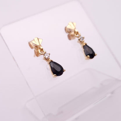 9ct Yellow gold Dark Sapphire and CZ Drop Earrings