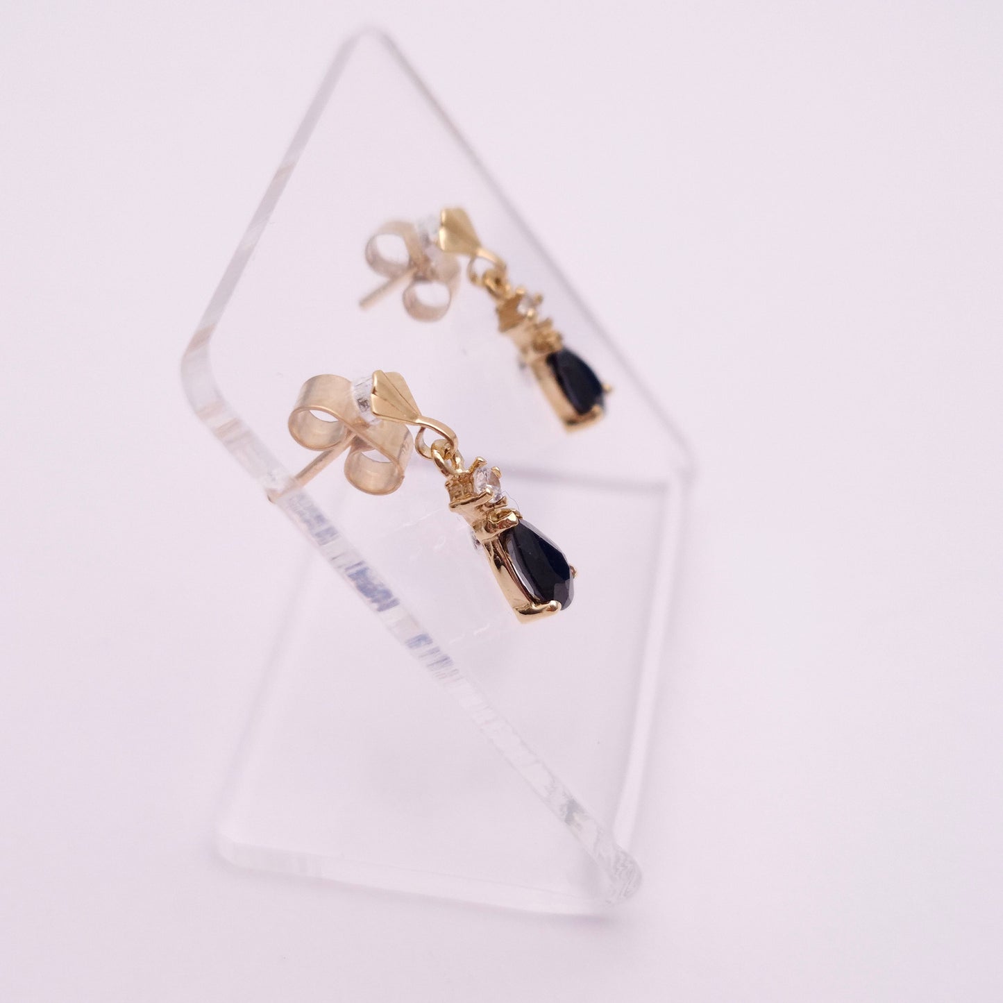 9ct Yellow gold Dark Sapphire and CZ Drop Earrings