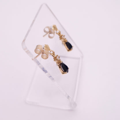 9ct Yellow gold Dark Sapphire and CZ Drop Earrings