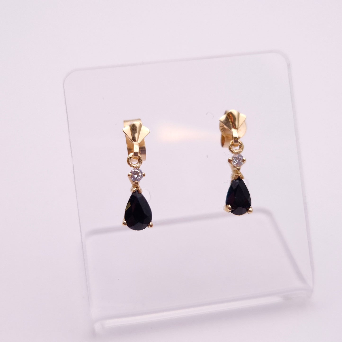 9ct Yellow gold Dark Sapphire and CZ Drop Earrings
