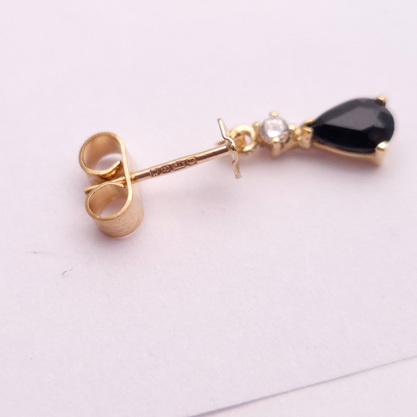 9ct Yellow gold Dark Sapphire and CZ Drop Earrings