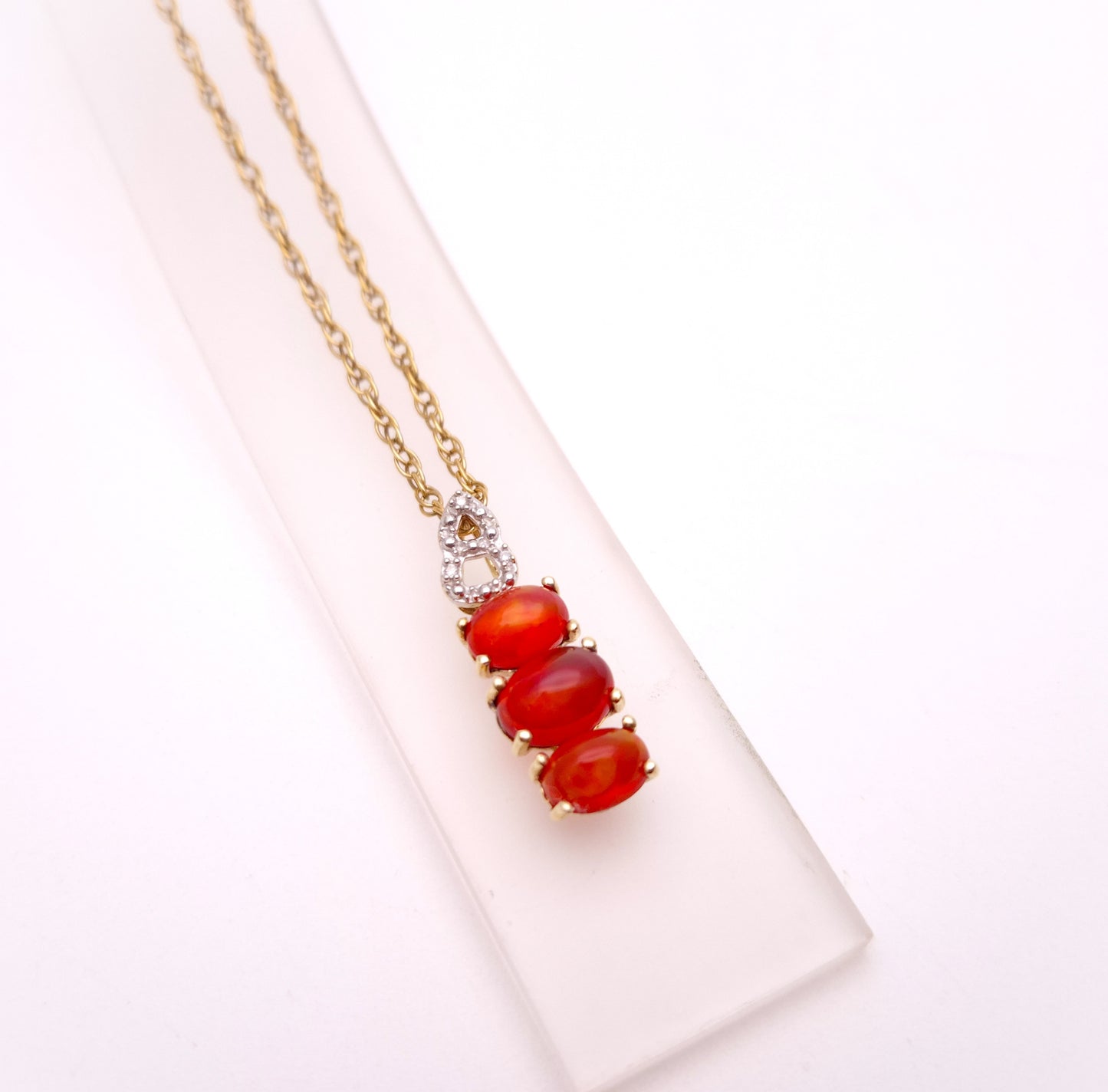 9ct Yellow Gold Fire Opal and Diamond Pendant and Chain Necklace
