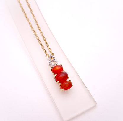 9ct Yellow Gold Fire Opal and Diamond Pendant and Chain Necklace