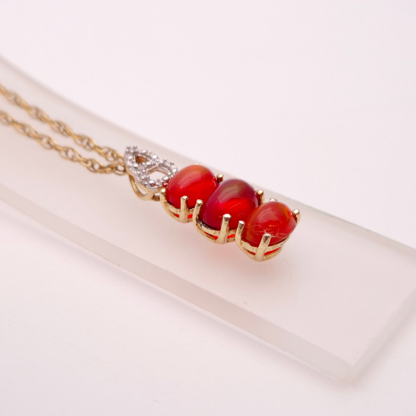 9ct Yellow Gold Fire Opal and Diamond Pendant and Chain Necklace
